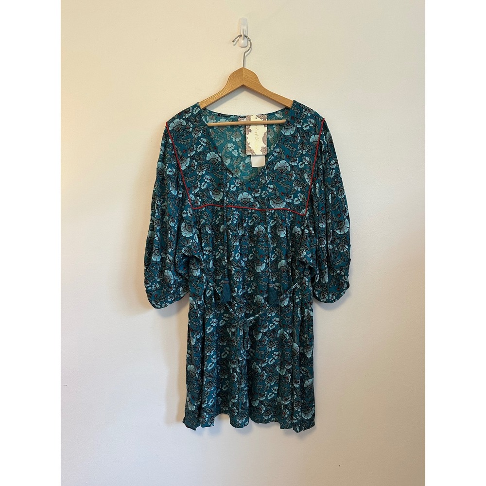 NWT Band of the Free Teal Floral Block Print Boho Mini Dress | Size Large